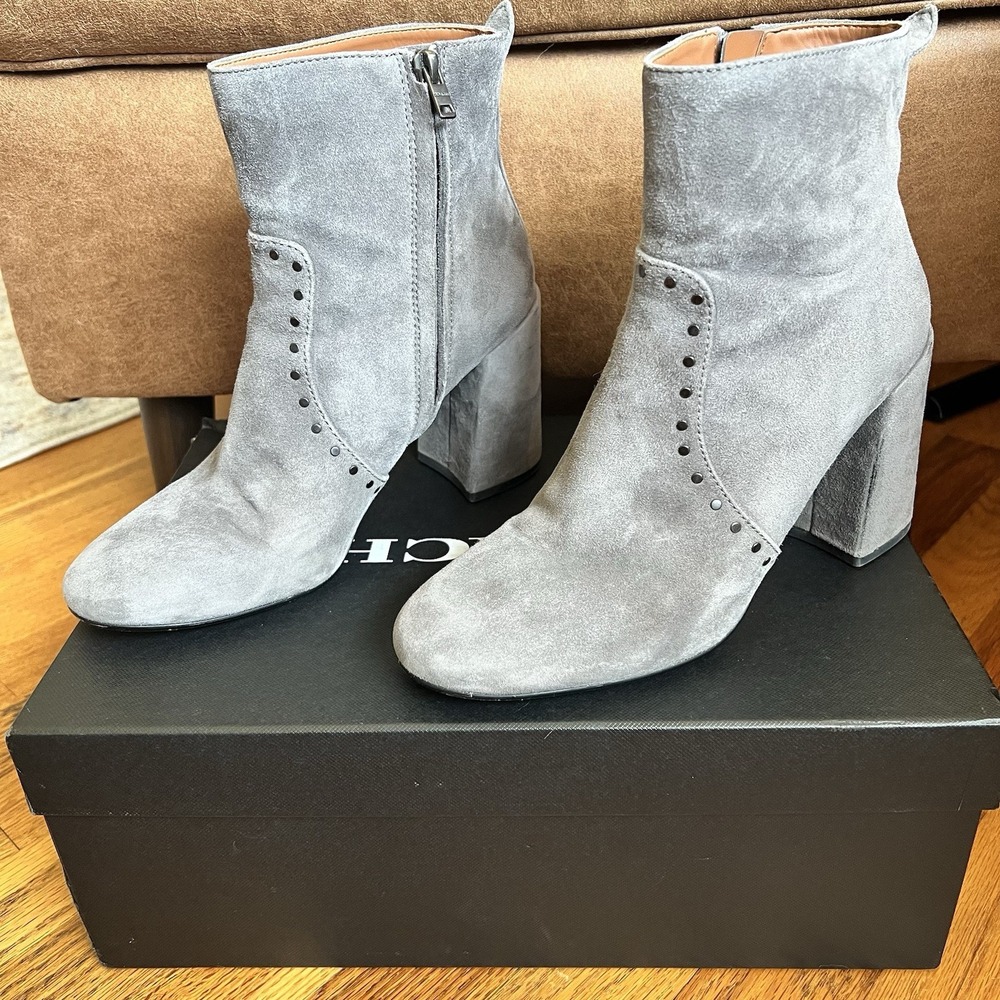 COACH Farrah Grey Suede Heeled Ankle Boots Booties Studs Sz 9 B Box $195 G2878